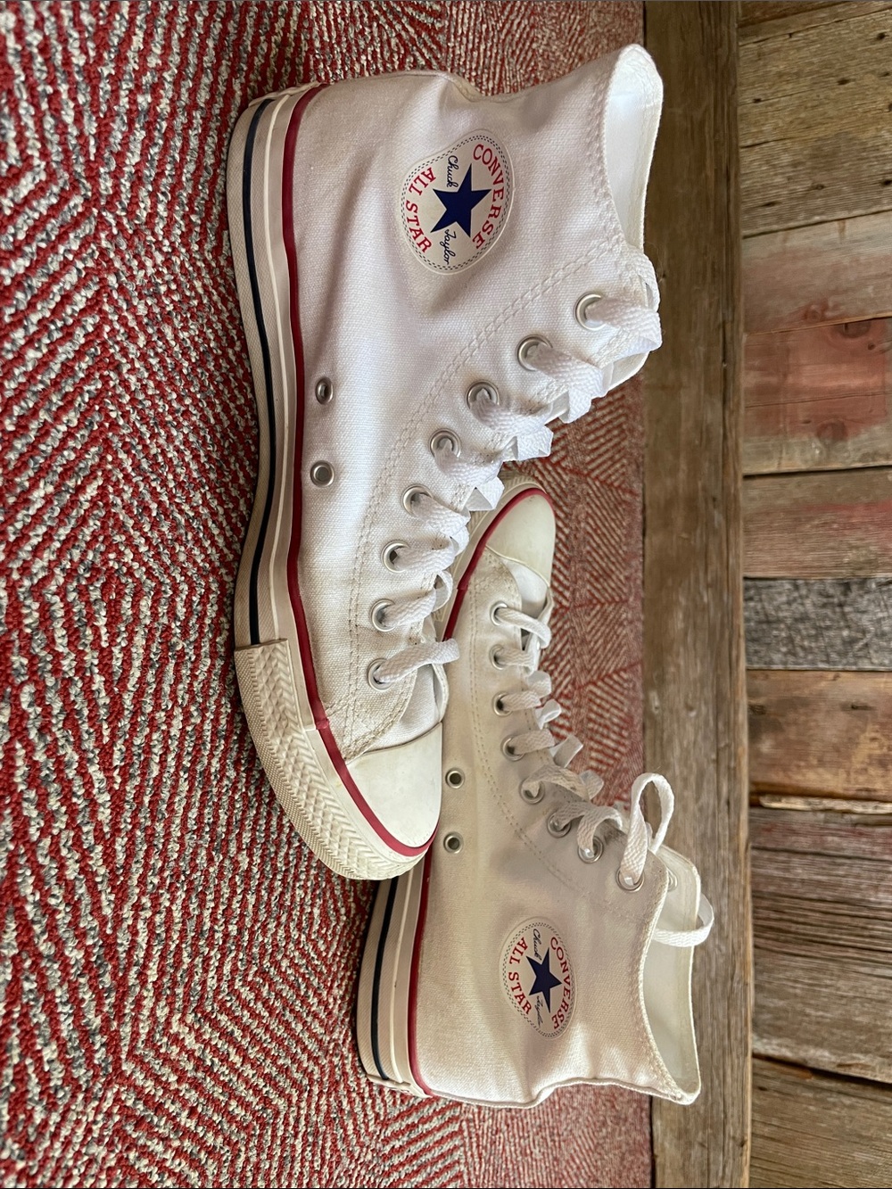 Converse White Low Top Canvas Sneaker with Red Trim and Blue Star